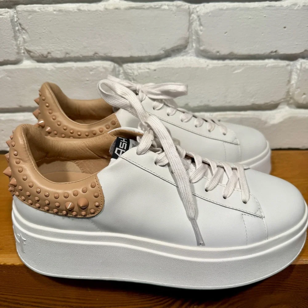ASH Platform Sneakers White Leather NUDE Studded Heel Size 40 Luxury Chunky NIB - Picture 14 of 15